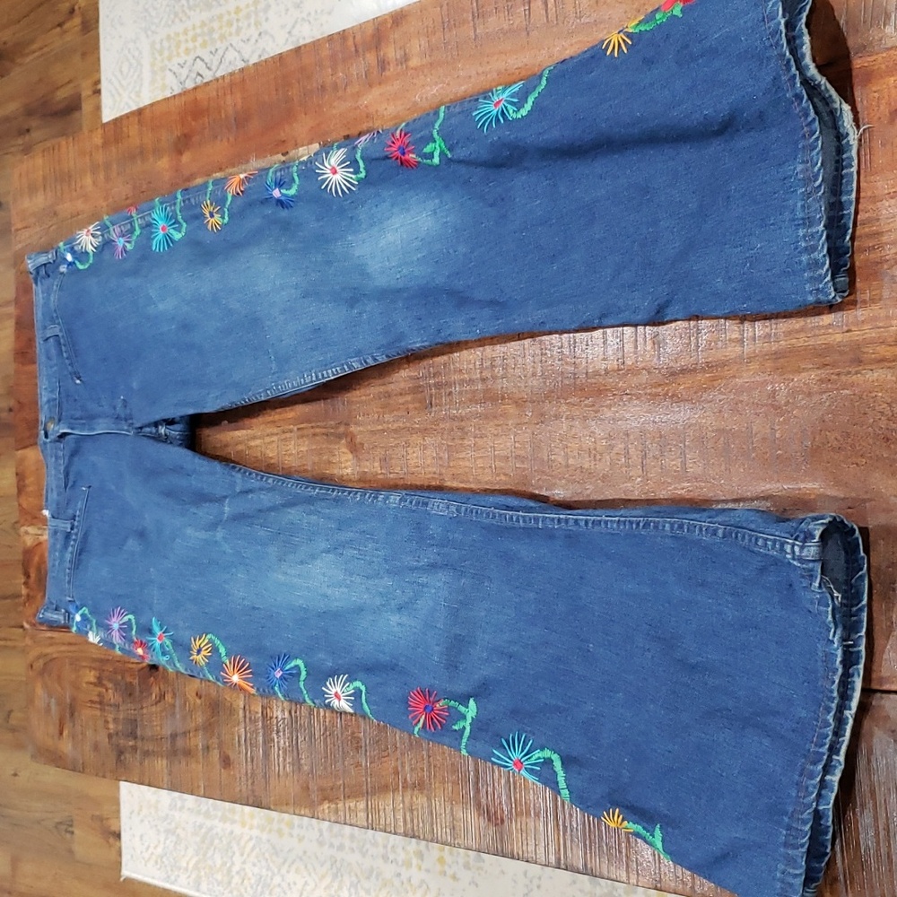 Embroidered Blue Flare Jeans with Floral Side Detail